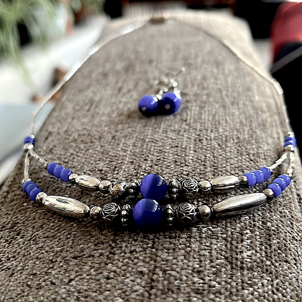 Blue Cat’s eye and Silver Beaded Necklace Set